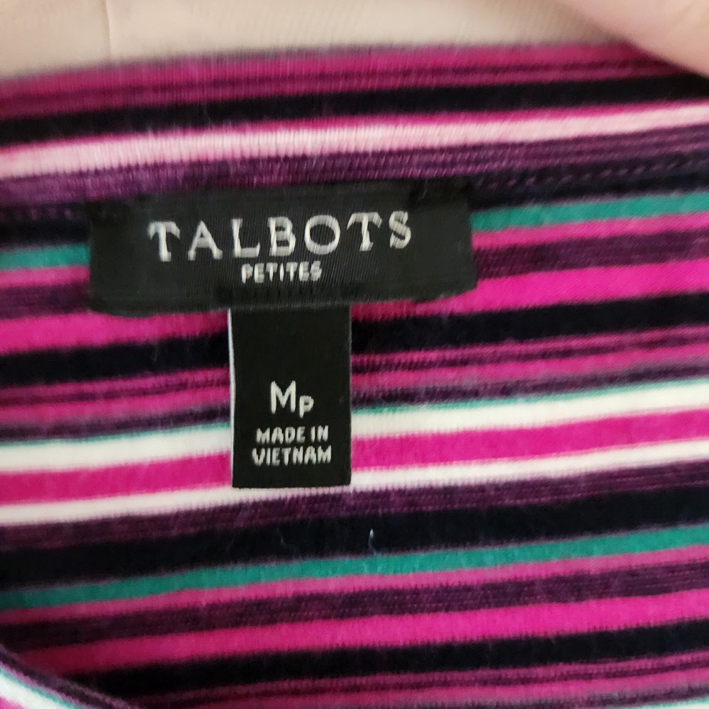 Talbots Petites Women MP Pink Purple Teal Striped Short‎ Sleeve Crewneck Tee Top - Picture 3 of 5